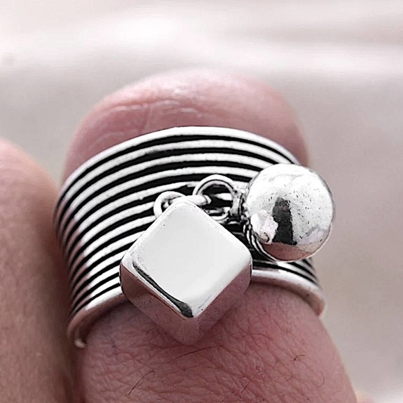 STERLING SILVER BALL SQUARE CHARM BAND ADJUSTABLE RESIZABLE RING - Picture 11 of 13